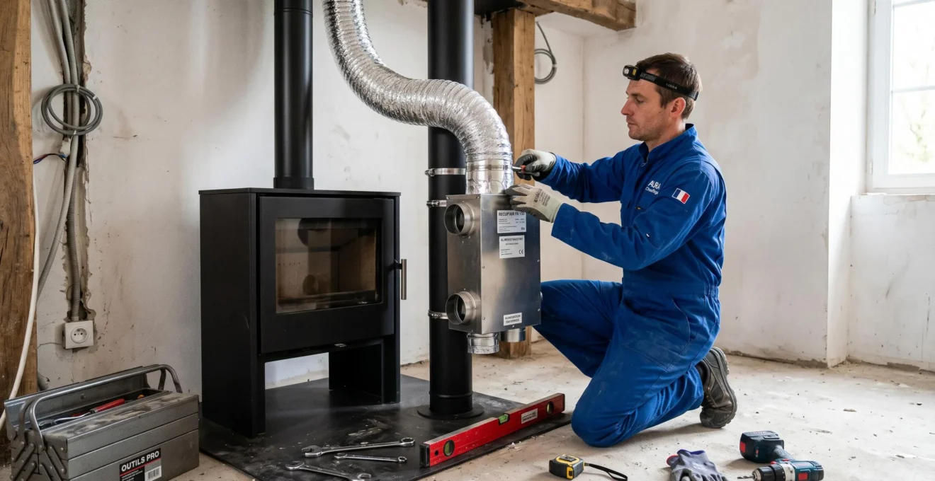 Installateur professionnel fixant un récupérateur de chaleur métallique avec gaines flexibles sur le conduit d'un poêle à bois rectangulaire dans une maison en rénovation