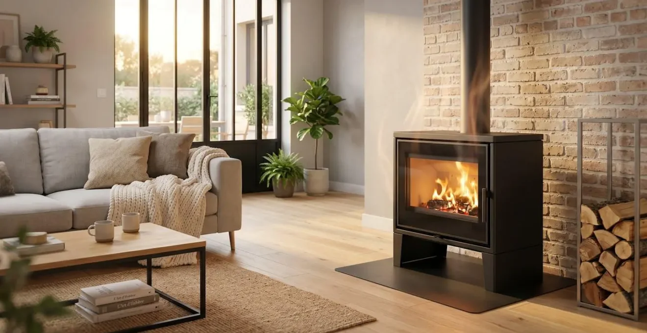 Poêle à bois rectangulaire en fonte noire en fonctionnement dans un salon contemporain avec mur de briques claires, canapé gris et parquet bois, lumière naturelle dorée en arrière-plan